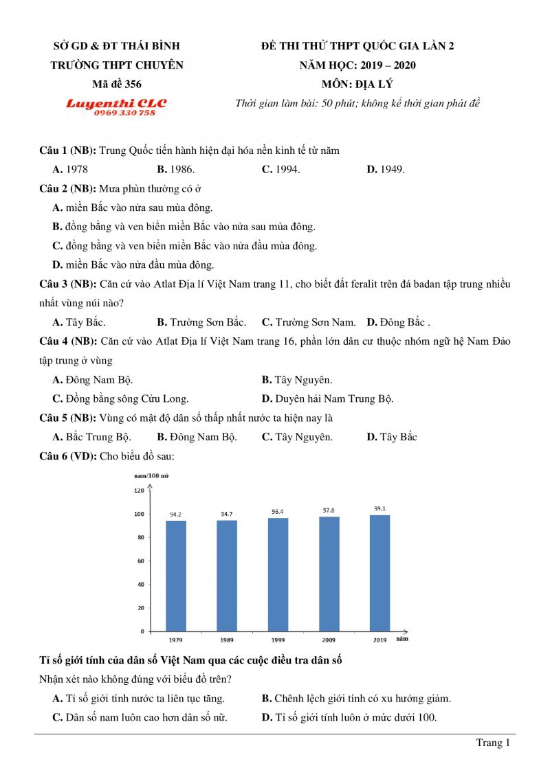 Đề thi thử THPT Quốc gia lần 2 m&ocirc;n Địa L&yacute; Trường THPT CHUY&Ecirc;N Th&aacute;i B&igrave;nh năm 2019