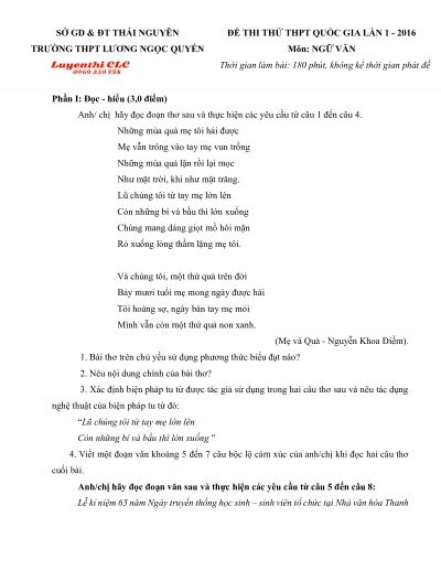 Đề thi thử THPT Quốc Gia lần 1 và đáp án môn Ngữ Văn Trường THPT Lương Ngọc Quyến tỉnh Thái Nguyên năm 2016