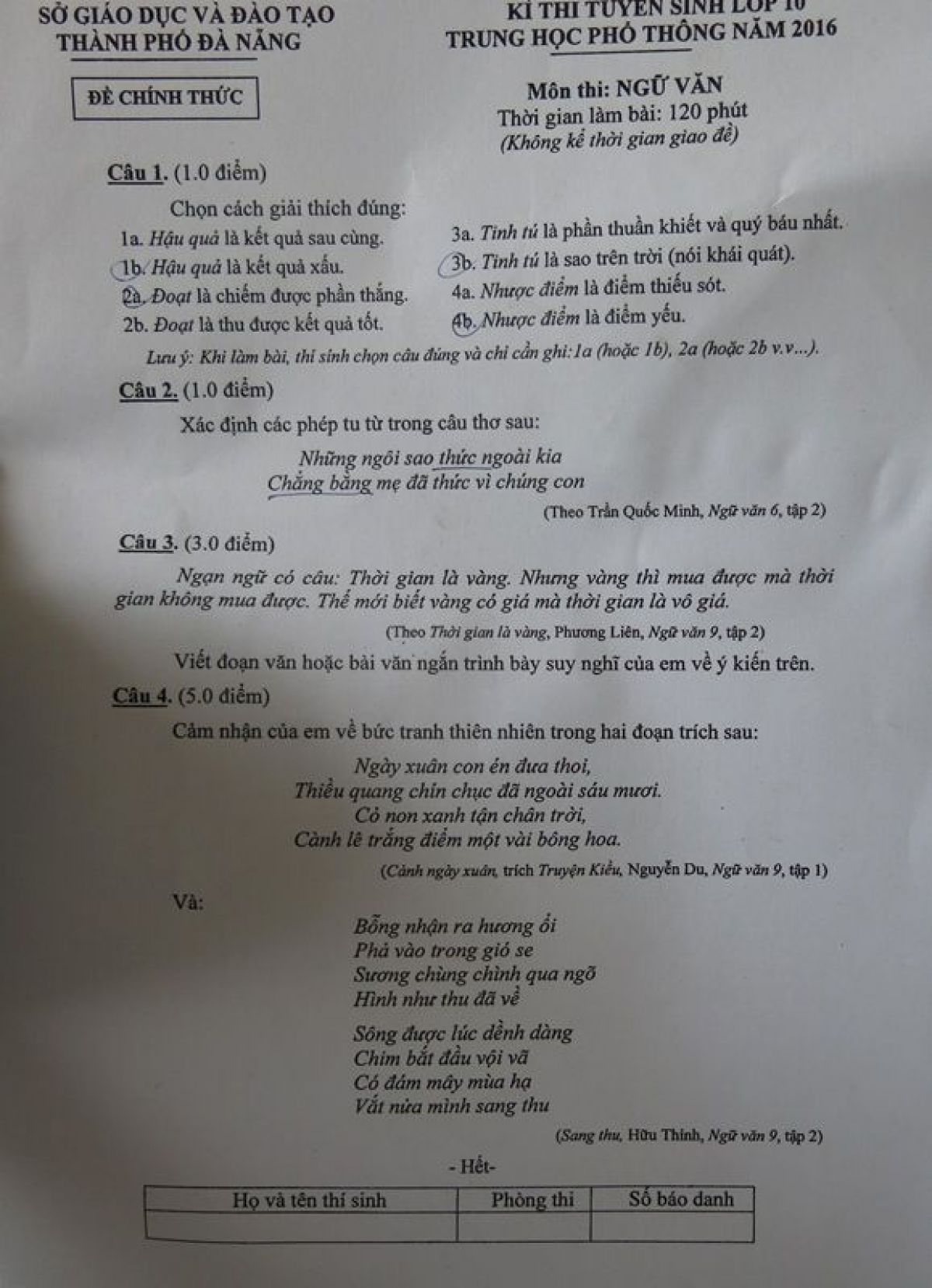Đề thi tuyển sinh v&agrave;o lớp 10 THPT m&ocirc;n Ngữ Văn Th&agrave;nh phố Đ&agrave; Nẵng năm 2016