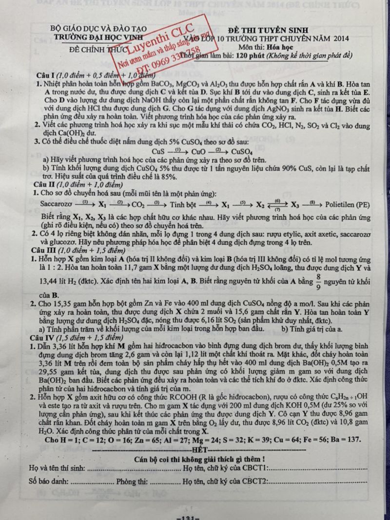 Đề thi tuyển sinh vào lớp 10 Trường THPT CHUYÊN và đáp án môn Hóa Học tại Vinh năm 2014