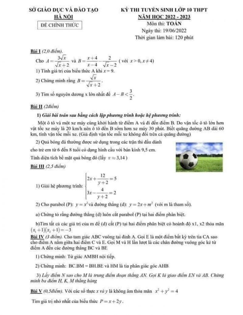 Đề thi tuyển sinh vào lớp 10 THPT môn Toán tại Hà Nội năm 2022