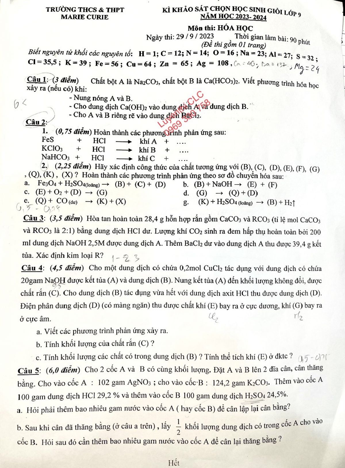 Đề thi khảo sát môn Hóa Học lớp 9 Trường THCS &amp; THPT Marie Curie năm 2023
