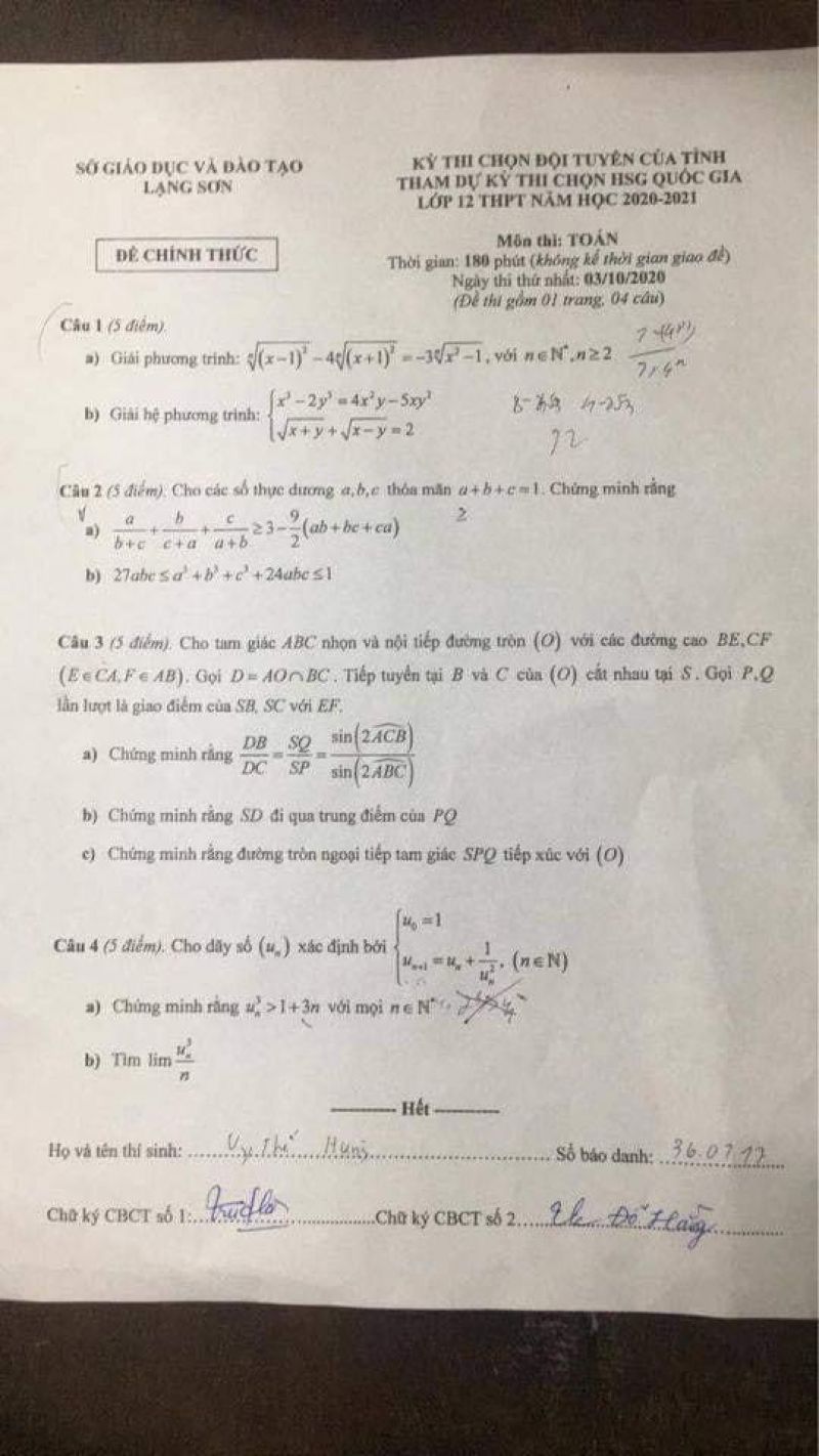 Đề thi chọn đội tuyển của tỉnh tham dự k&igrave; thi chọn HSG Quốc Gia m&ocirc;n To&aacute;n tỉnh Lạng Sơn năm 2020