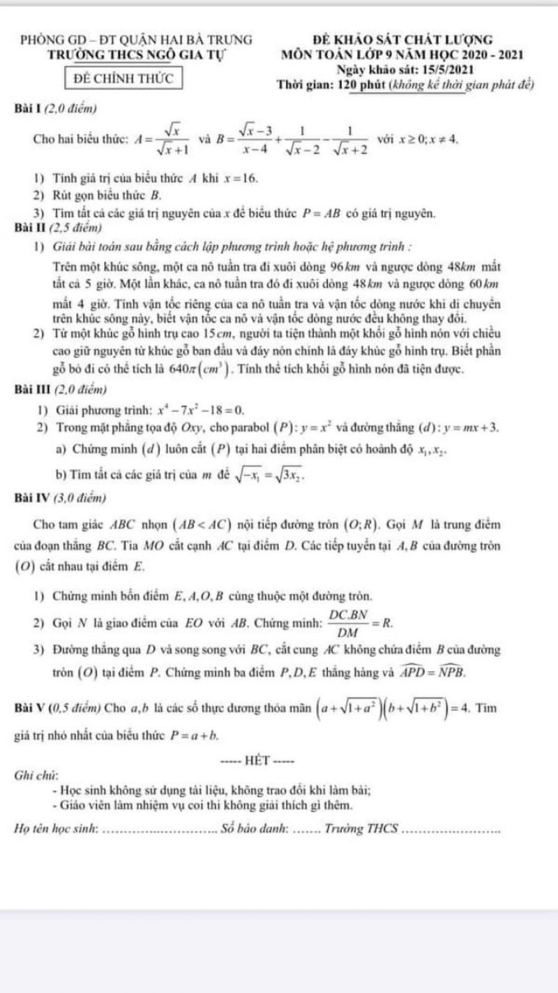 Đề khảo s&aacute;t chất lượng m&ocirc;n To&aacute;n Trường THCS Ng&ocirc; Gia Tự, quận Hai B&agrave; Trưng, H&agrave; Nội năm 2021