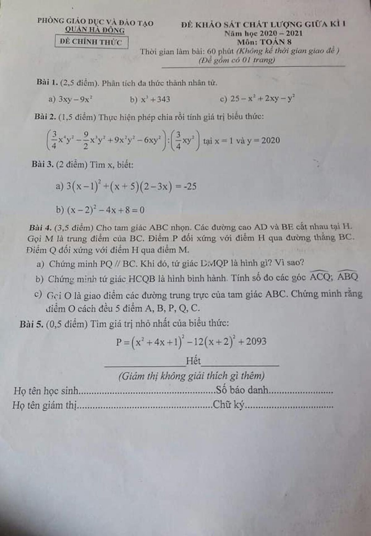 Đề khảo s&aacute;t chất lượng giữa k&igrave; I m&ocirc;n To&aacute;n lớp 8 quận H&agrave; Đ&ocirc;ng năm 2020