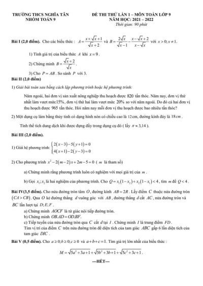 Đề thi thử lần môn Toán lớp 9 Trường THCHS Nghĩa Tân, quận Cầu Giấy, Hà Nội năm 2022
