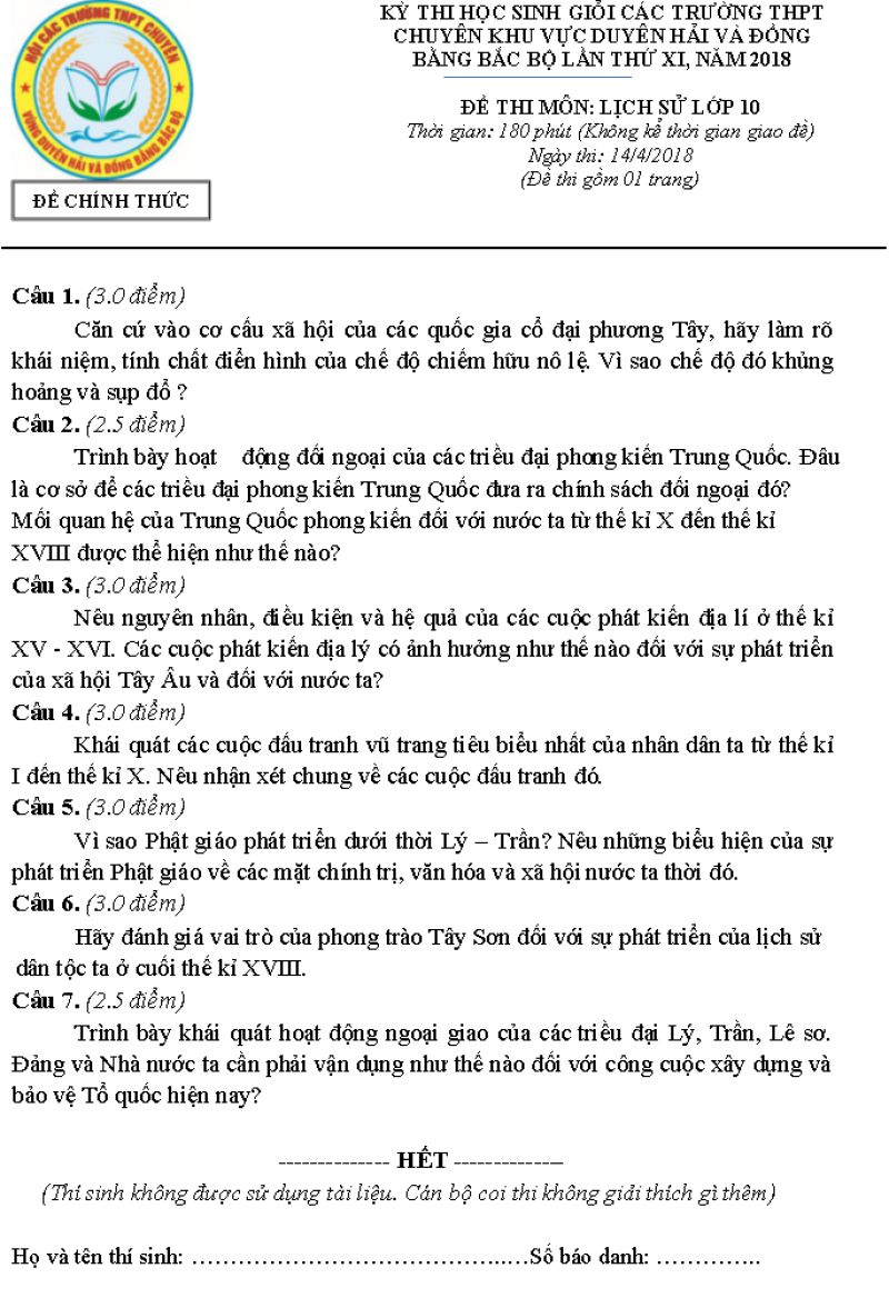 Đề thi HSG c&aacute;c trường THPT CHUY&Ecirc;N khu vực Duy&ecirc;n hải v&agrave; Đồng bằng Bắc Bộ lần thứ XI m&ocirc;n Lịch Sử lớp 10 năm 2018