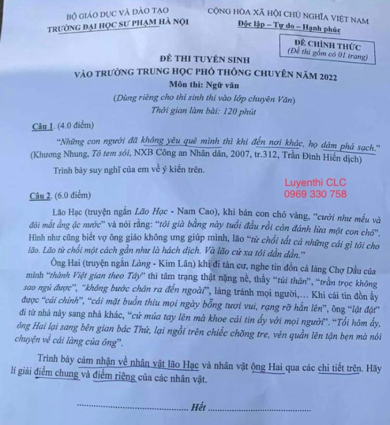 Đề thi tuyển sinh vào trường THPT CHUYÊN môn Ngữ Văn Trường Đại học Sư phạm Hà Nội năm 2022 ( Dùng riêng cho thí sinh thi vào lớp chuyên Văn )