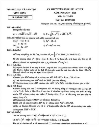 Đề thi tuyển sinh vào lớp 10 THPT môn Toán tỉnh Vĩnh Long năm 2020