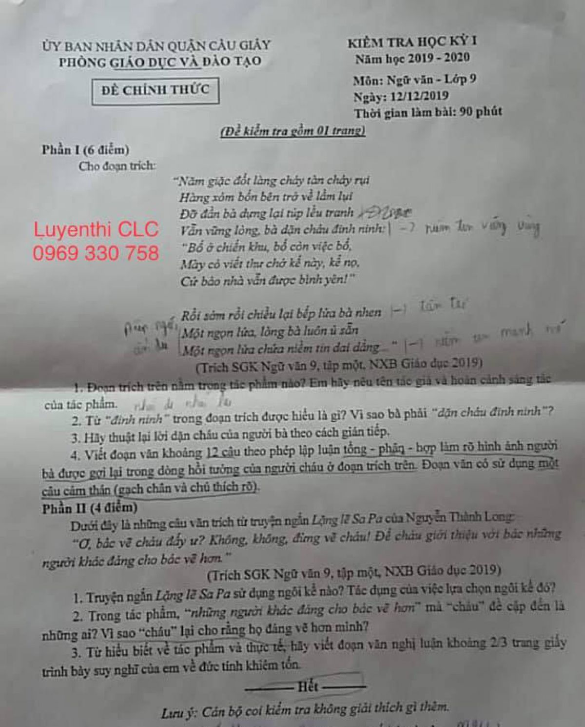 Đề kiểm tra học k&igrave; I m&ocirc;n NGỮ VĂN LỚP 9 - quận Cầu Giấy (H&agrave; Nội) năm học 2019 - 2020