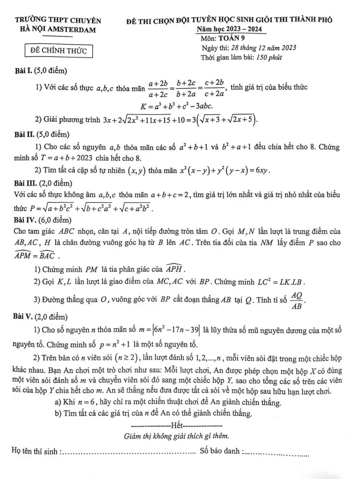 Đề thi chọn đội tuyển HSG môn Toán lớp 9 Trường THPT Chuyên Hà Nội Amsterdam năm 2023