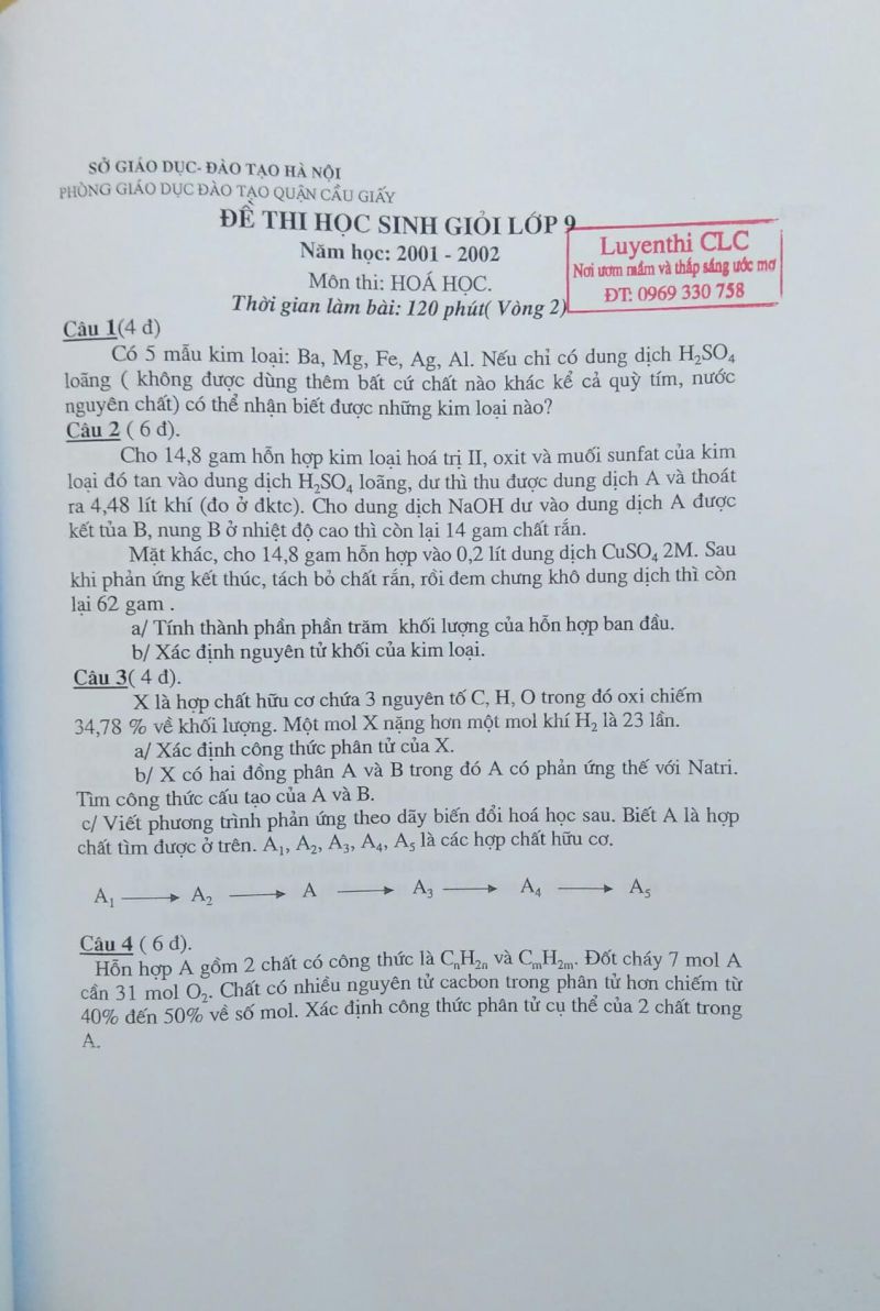 Đề thi HSG lớp 9 môn Hóa Học tại Hà Nội năm 2001