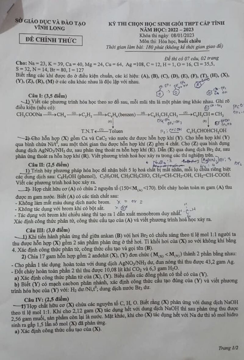 Đề thi chọn HSG môn Hóa Học tỉnh Vĩnh Long năm 2023