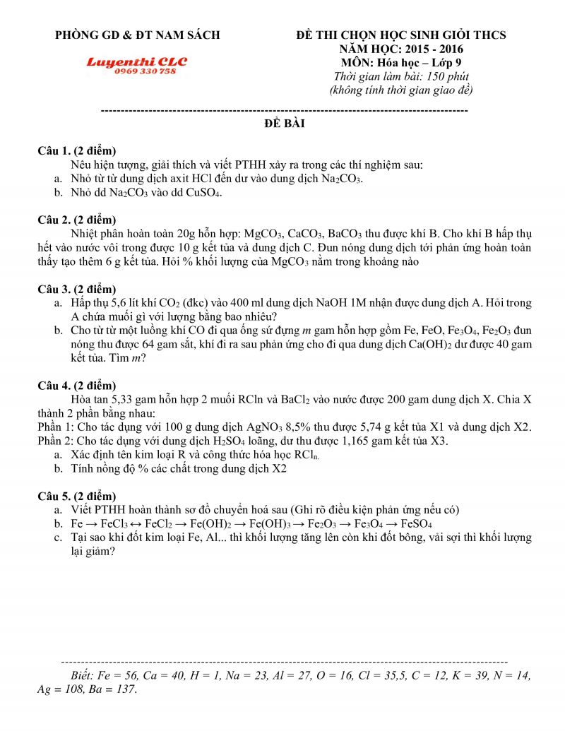 Đề thi chọn HSG THCS m&ocirc;n H&oacute;a Học lớp 9 huyện Nam S&aacute;ch tỉnh Hải Dương năm 2016