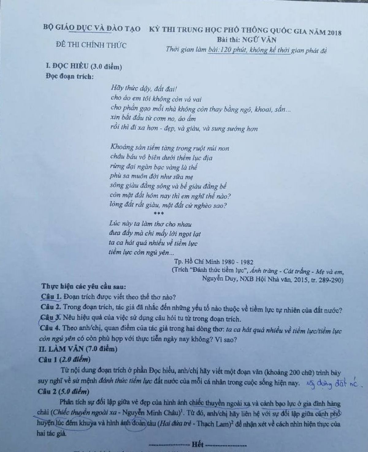 Đề thi THPT quốc gia năm 2018 m&ocirc;n Ngữ Văn