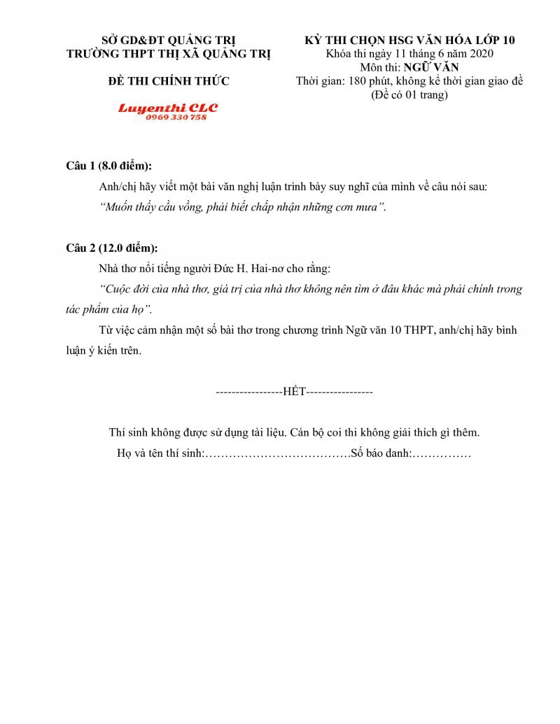 Đề thi chọn HSG m&ocirc;n Ngữ Văn lớp 10 tỉnh Quảng Trị năm 2020