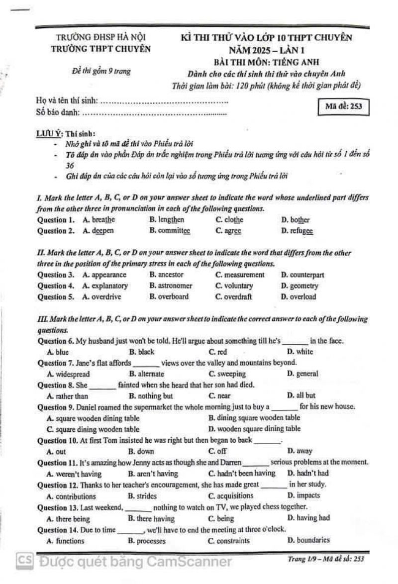 Đề thi thử v&agrave;o 10- THPT chuy&ecirc;n Sư phạm m&ocirc;n Tiếng Anh năm 2025 lần 1