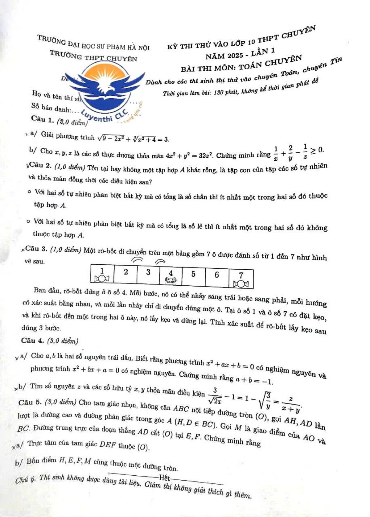 Đề thi thử v&agrave;o 10 - THPT chuy&ecirc;n Sư phạm m&ocirc;n To&aacute;n ( đề chuy&ecirc;n) năm 2025 - lần 1