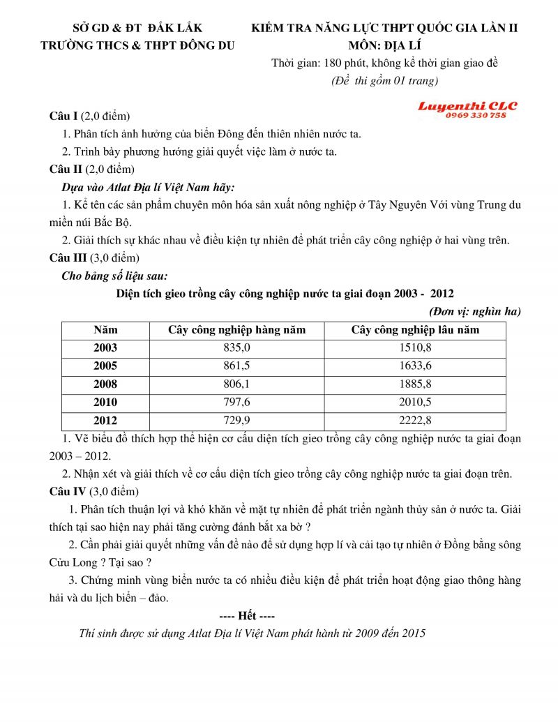 Đề kiểm tra năng lực THPT Quốc Gia lần II và đáp án môn Địa Lý tỉnh Đắk Lắk