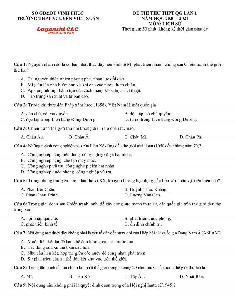 Đề thi thử THPT Quốc Gia lần 1 m&ocirc;n Lịch Sử Trường THPT Nguyễn Viết Xu&acirc;n tỉnh Vĩnh Ph&uacute;c năm 2020