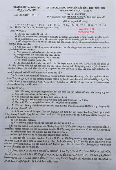 Đề thi chọn HSG THPT môn Hóa Học Bảng A tỉnh Quảng Ninh năm 2021