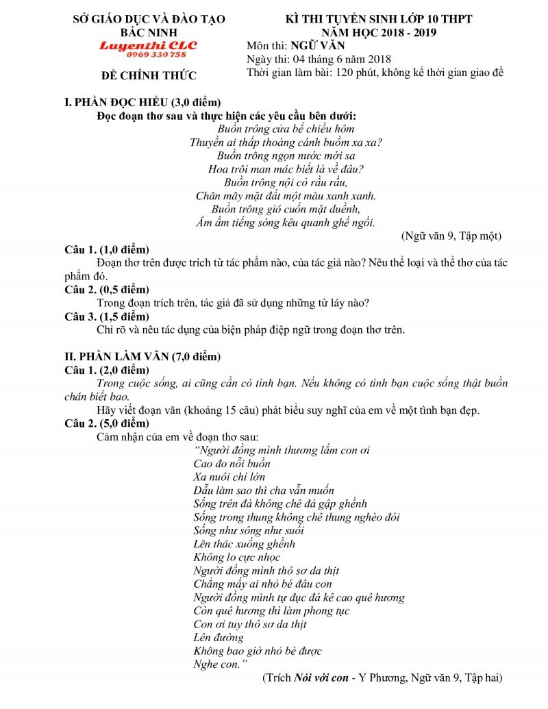 Đề thi tuyển sinh v&agrave;o lớp 10 THPT m&ocirc;n Ngữ Văn tỉnh Bắc Ninh năm 2018