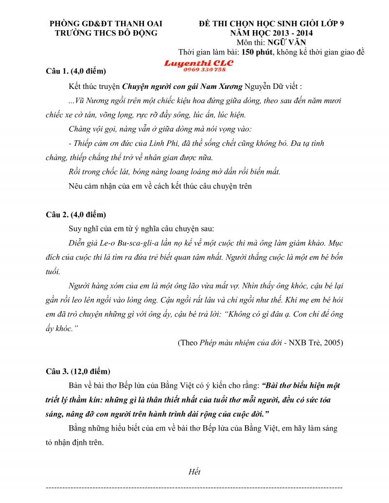 Đề thi chọn HSG m&ocirc;n Ngữ Văn lớp 9 Trường THCS Đỗ Động, Thanh Oai, H&agrave; Nội năm 2013