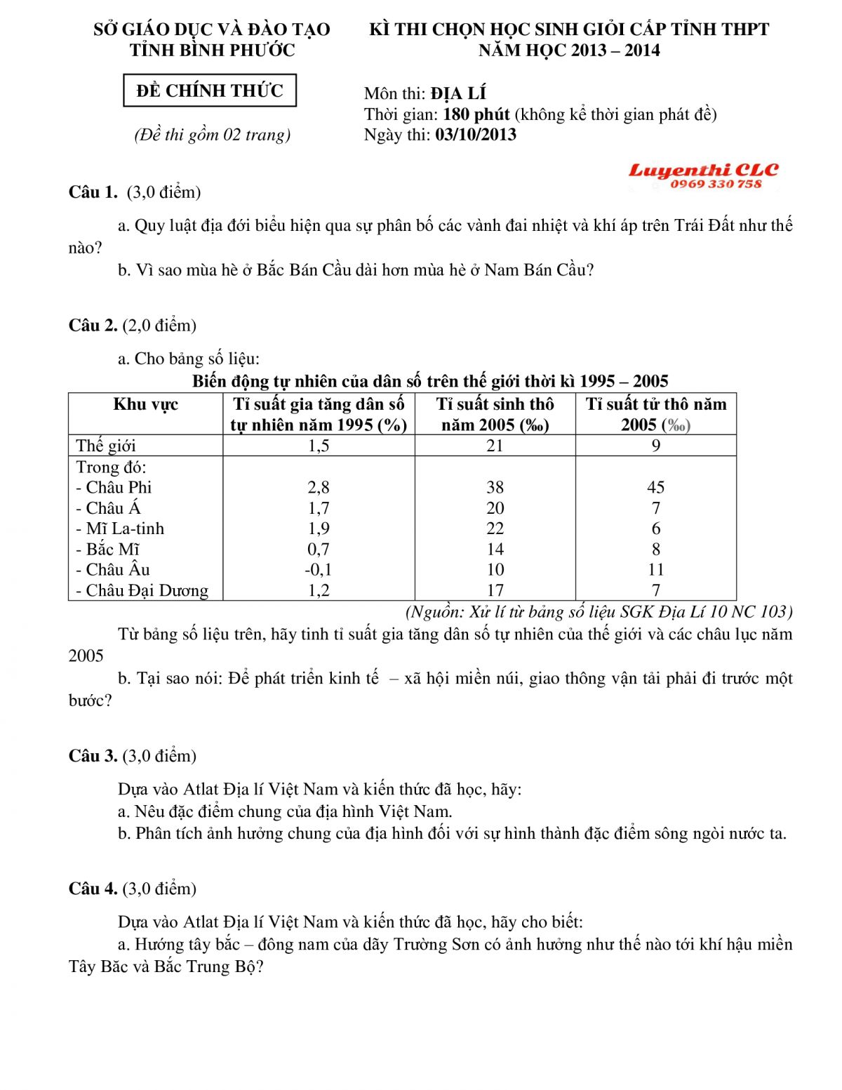 Đề thi chọn HSG cấp tỉnh THPT m&ocirc;n Địa L&iacute; tỉnh B&igrave;nh Phước năm 2013