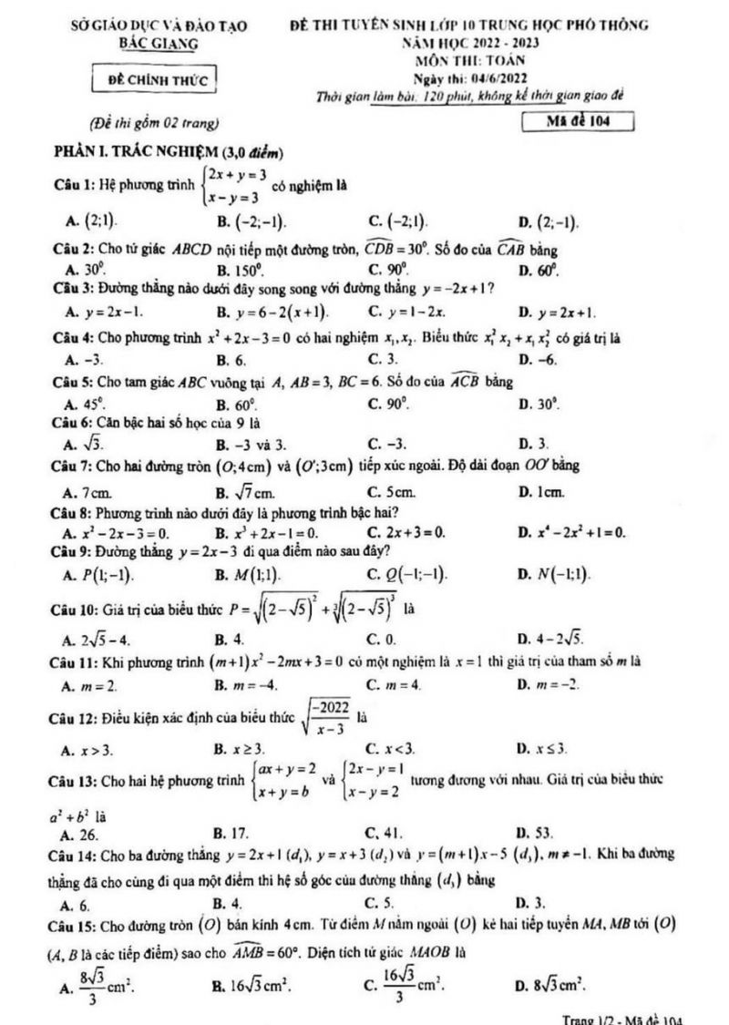 Đề thi tuyển sinh vào lớp 10 THPT môn Toán tỉnh Bắc Giang năm 2022