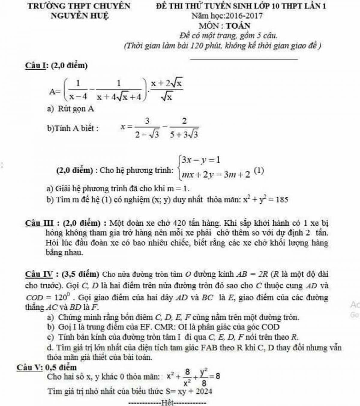 Đề thi tuyển sinh vào lớp 10 THPT lần 1 môn Toán, Trường THPT CHUYÊN Nguyễn Huệ năm 2017