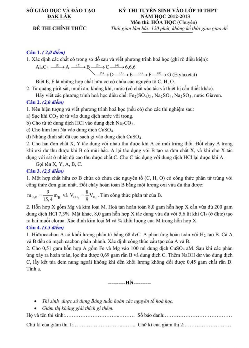Đề thi tuyển sinh vào lớp 10 THPT CHUYÊN môn Hóa Học tỉnh Đắk Lắk năm 2013