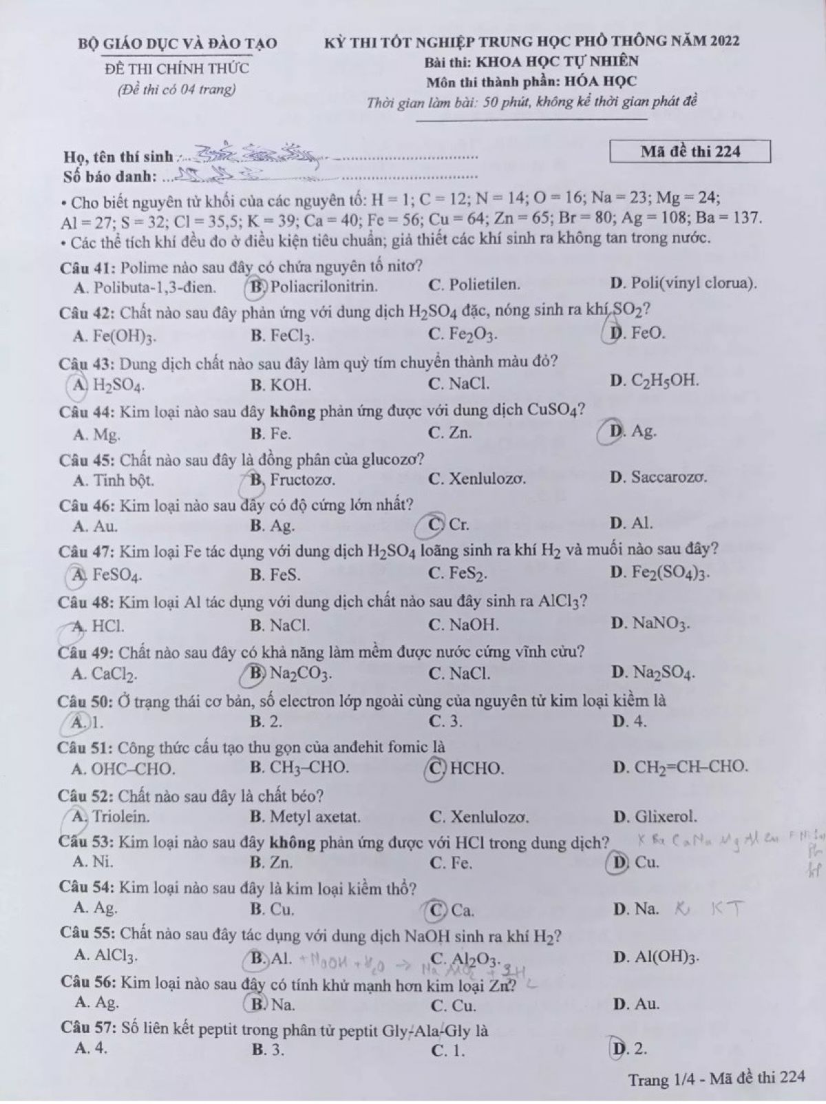 Đề thi tốt nghiệp THPT Quốc Gia môn Hóa Học năm 2022, Mã đề 224