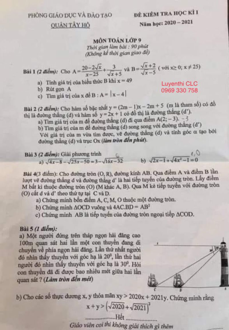 Đề kiểm tra học kì I môn Toán lớp 9 quận Tây Hồ, Hà Nội năm 2020