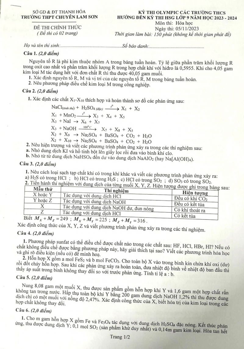 Đề thi Olympic môn Hóa Học lớp 9 Trường THPT Chuyên Lam Sơn, tỉnh Thanh Hóa năm 2023