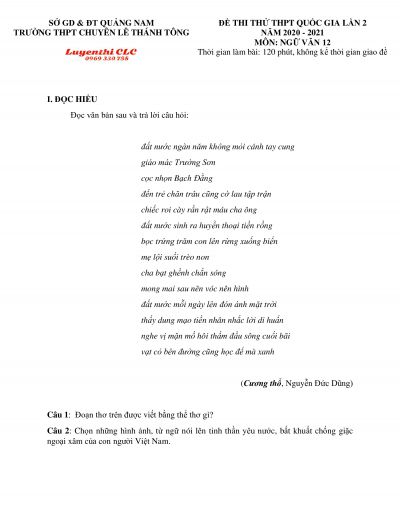 Đề thi thử THPT Quốc Gia môn Ngữ Văn - lần 2 Trường THPT CHUYÊN Lê Thánh Tông, tỉnh Quảng Nam năm 2021