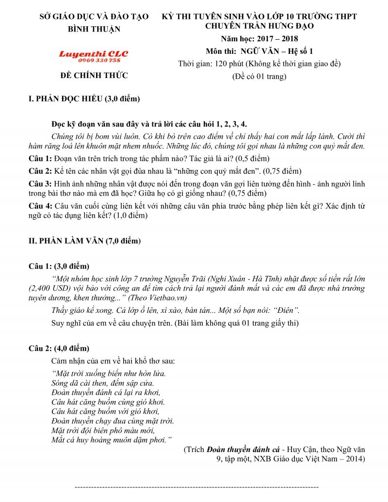 Đ&egrave; thi tuyển sinh v&agrave;o lớp 10 THPT CHUY&Ecirc;N Trần Hưng Đạo m&ocirc;n Ngữ Văn - Hệ số 1 tỉnh B&igrave;nh Thuận năm 2018