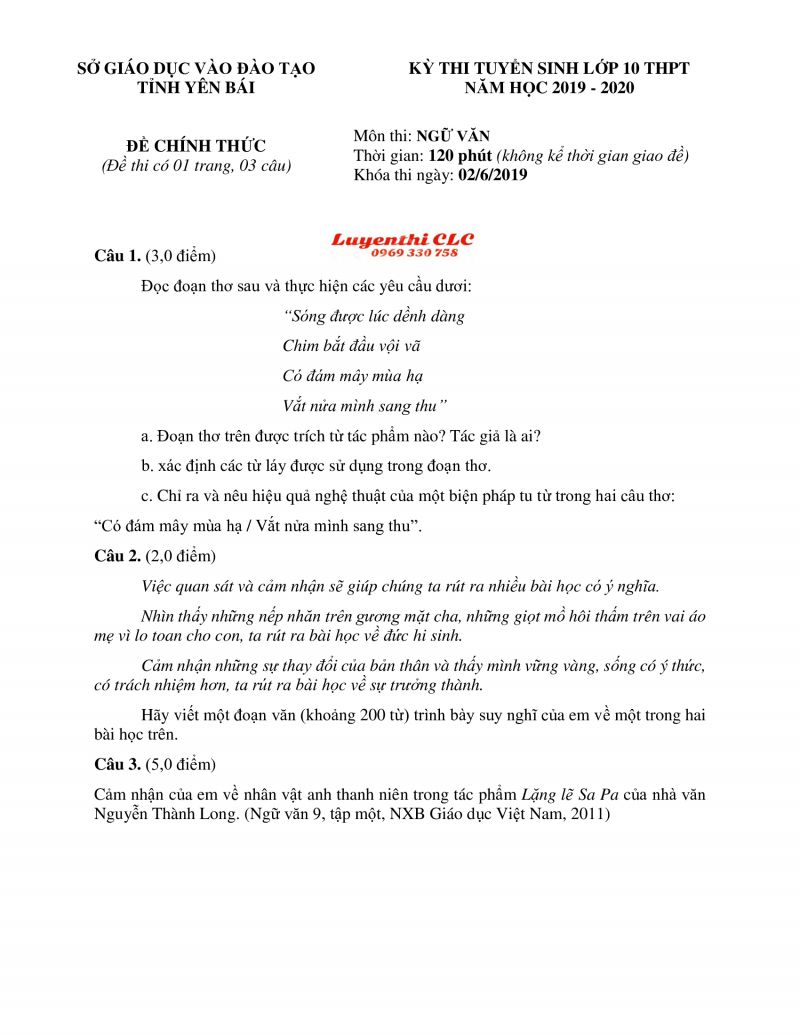Đề thi tuyển sinh v&agrave;o lớp 10 THPT m&ocirc;n Ngữ Văn tỉnh Y&ecirc;n B&aacute;i năm 2019