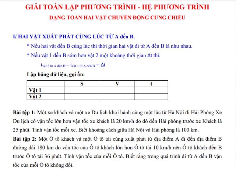 Giải to&aacute;n lập phương tr&igrave;nh, hệ phương tr&igrave;nh - Dạng to&aacute;n hai vật chuyển động c&ugrave;ng chiều