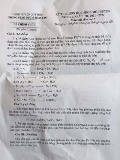 Đề thi chọn HSG và đáp án vòng 1 môn Hóa Học lớp 9 huyện Qùy Hợp, tỉnh Nghệ An năm 2022