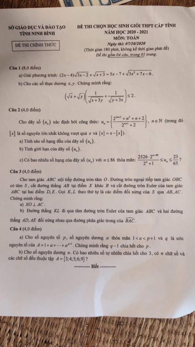 Đề thi chọn HSG THPT cấp tỉnh môn Toán tỉnh Ninh Bình năm 2020