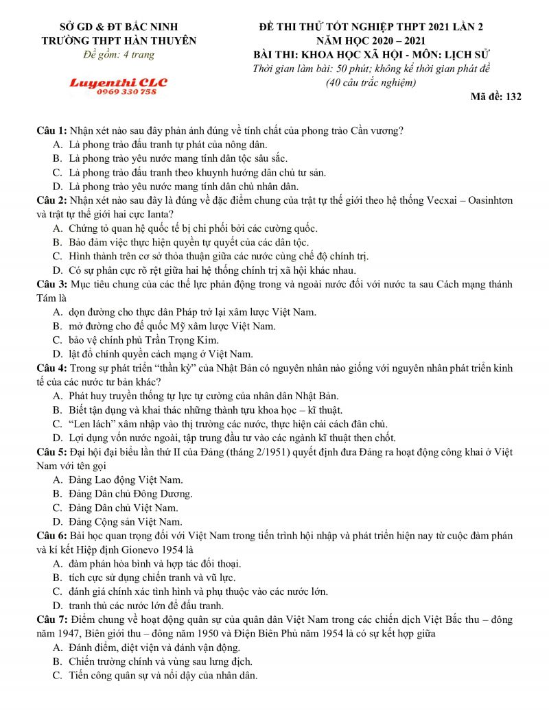 Đề thi thử tốt nghiệp THPT lần 2 môn Lịch Sử Trường THPT Hàn Thuyên, tỉnh Bắc Ninh năm 2020