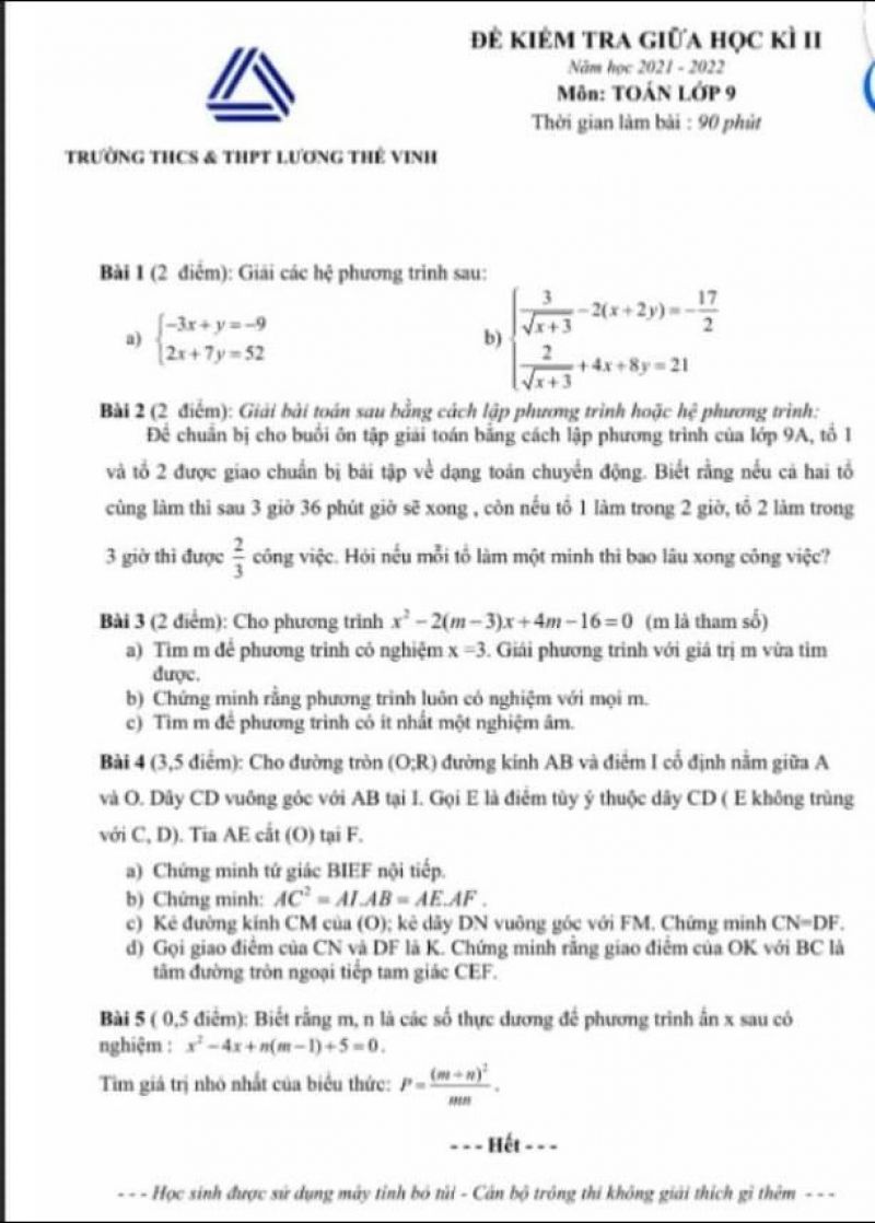 Đề kiểm tra giữa học kì II môn Toán lớp 9 Trường THCS &amp; THPT Lương Thế Vinh năm 2022