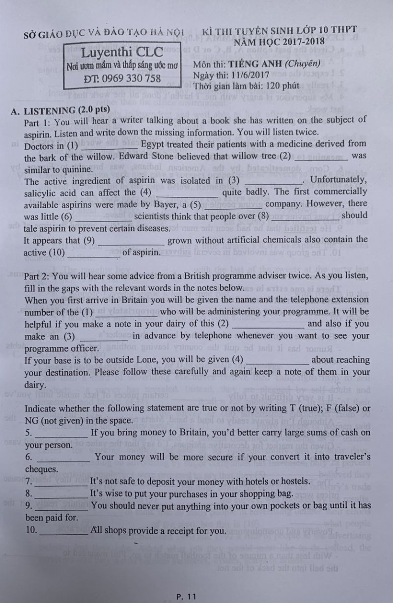 Đề thi tuyển sinh v&agrave;o lớp 10 THPT CHUY&Ecirc;N m&ocirc;n Tiếng Anh tại H&agrave; Nội năm 2017