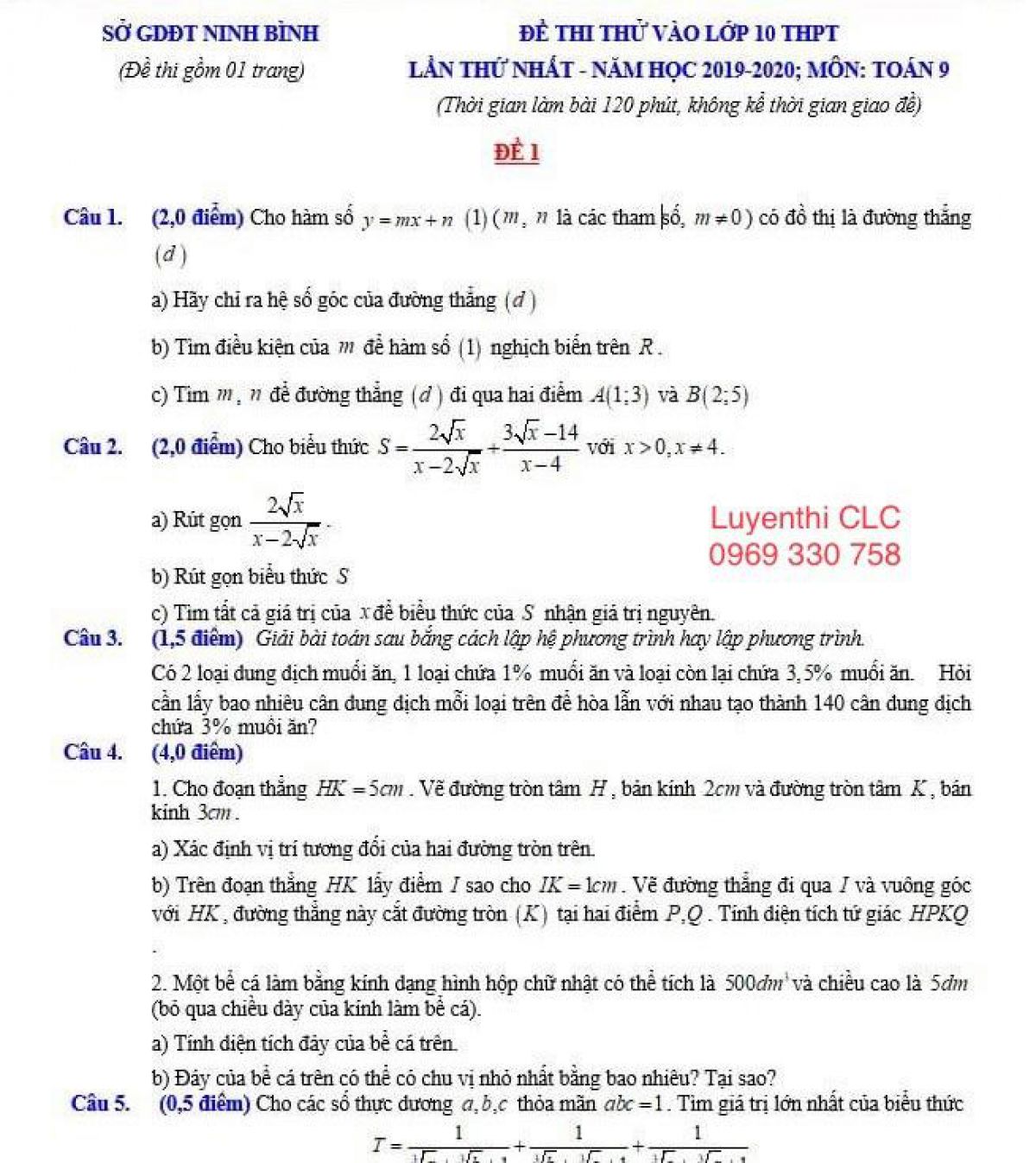 Đề thi thử v&agrave;o lớp 10 THPT lần thứ nhất m&ocirc;n TO&Aacute;N 9 tỉnh Ninh B&igrave;nh năm 2019
