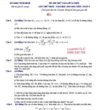 Đề thi thử v&agrave;o lớp 10 THPT lần thứ nhất m&ocirc;n TO&Aacute;N 9 tỉnh Ninh B&igrave;nh năm 2019