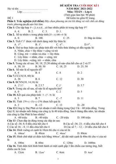 Đề kiểm tra cuối kì I môn Toán lớp 6 năm 2022