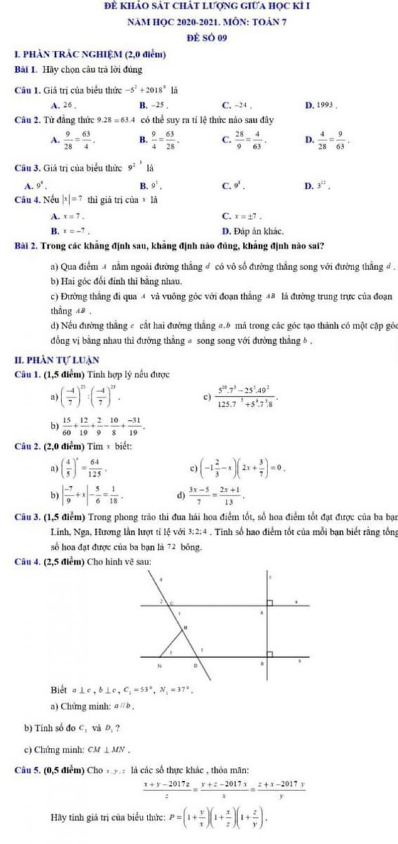 Đề thi khảo s&aacute;t chất lượng giữa học k&igrave; I m&ocirc;n To&aacute;n lớp 7 năm 2021. Đề số 09