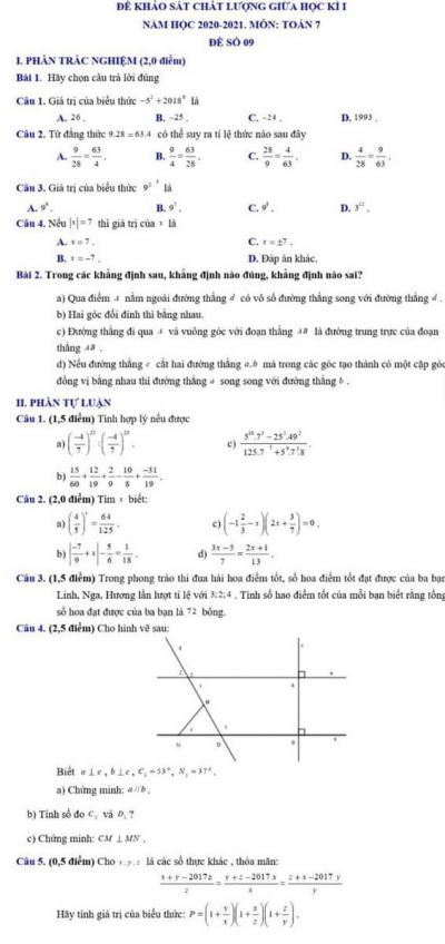 Đề thi khảo sát chất lượng giữa học kì I môn Toán lớp 7 năm 2021. Đề số 09