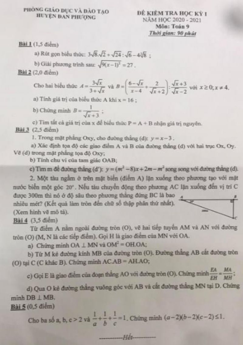 Đề kiểm tra học k&igrave; I m&ocirc;n To&aacute;n lớp 9 huyện Đan Phượng năm 2020
