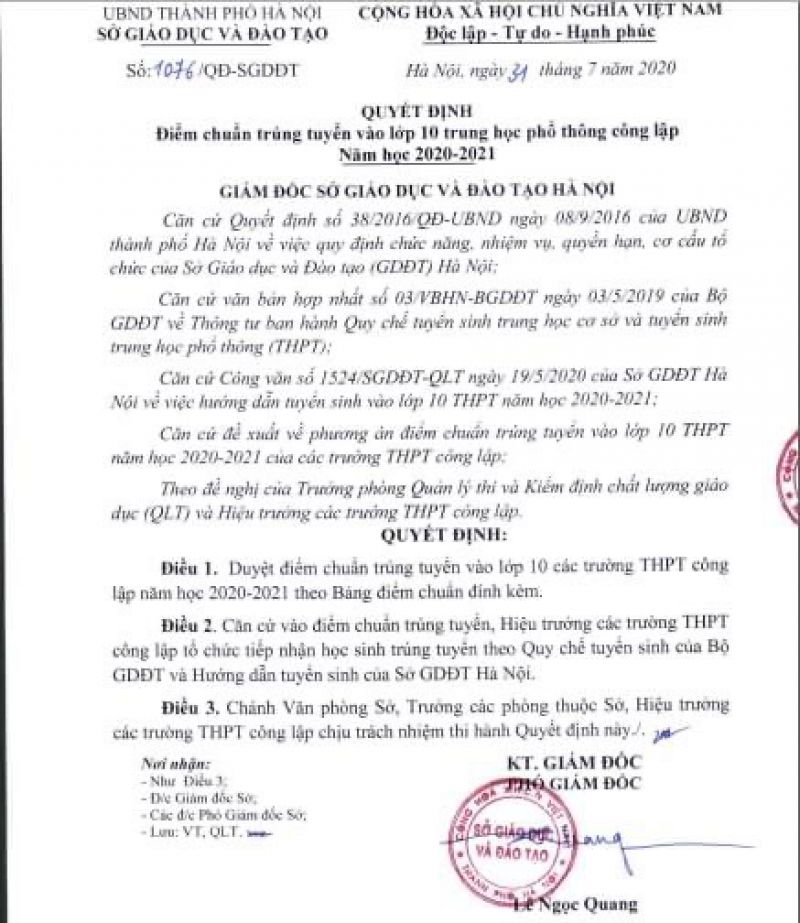 Điểm chuẩn tuyển sinh v&agrave;o lớp 10 THPT c&ocirc;ng lập năm 2020- 2021 của sở GD&amp;ĐT H&agrave; Nội